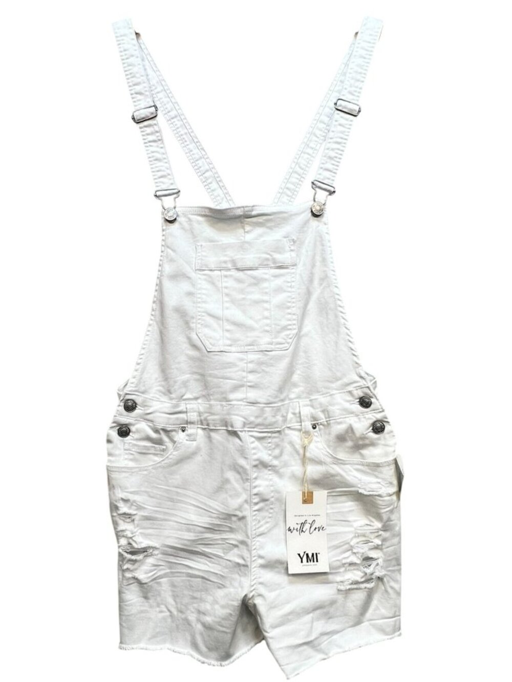 YMI Women's Distressed Cut Off Ripped Jean Overalls Shorts Size 11 White Solid